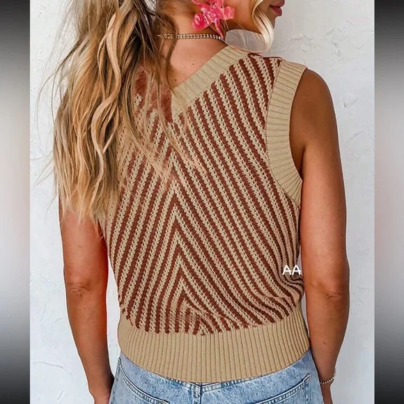 Cozy Boho Colorblock Sleeveless Knit Sweater Top Pink Orange - Picture 5 of 6